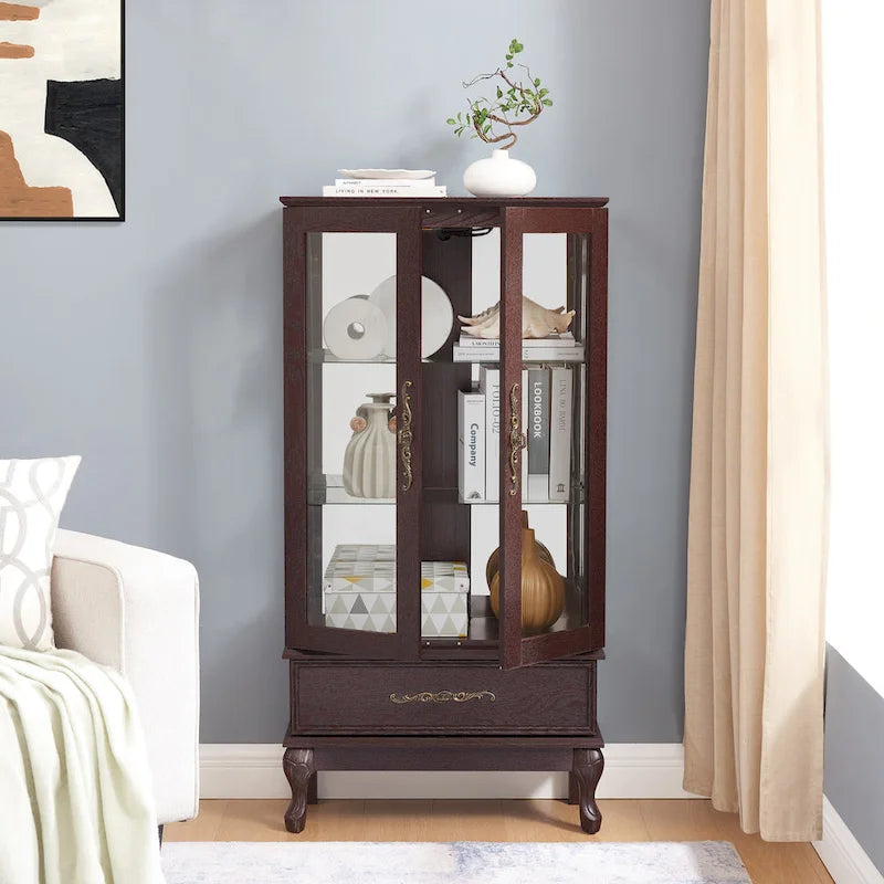 Illuminated Glass Curio Display Cabinet with Adjustable Shelves, Double Doors, and Drawer - Glass Wine Storage Solution - image 24