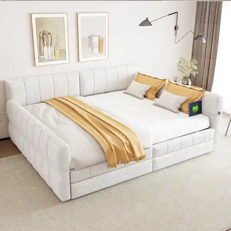 Upholstered Queen Size Daybed Sofa Bed with USB Ports and 2 Drawers - Vertical Stripes Recliner Loveseat Chaise Lounge - image 1