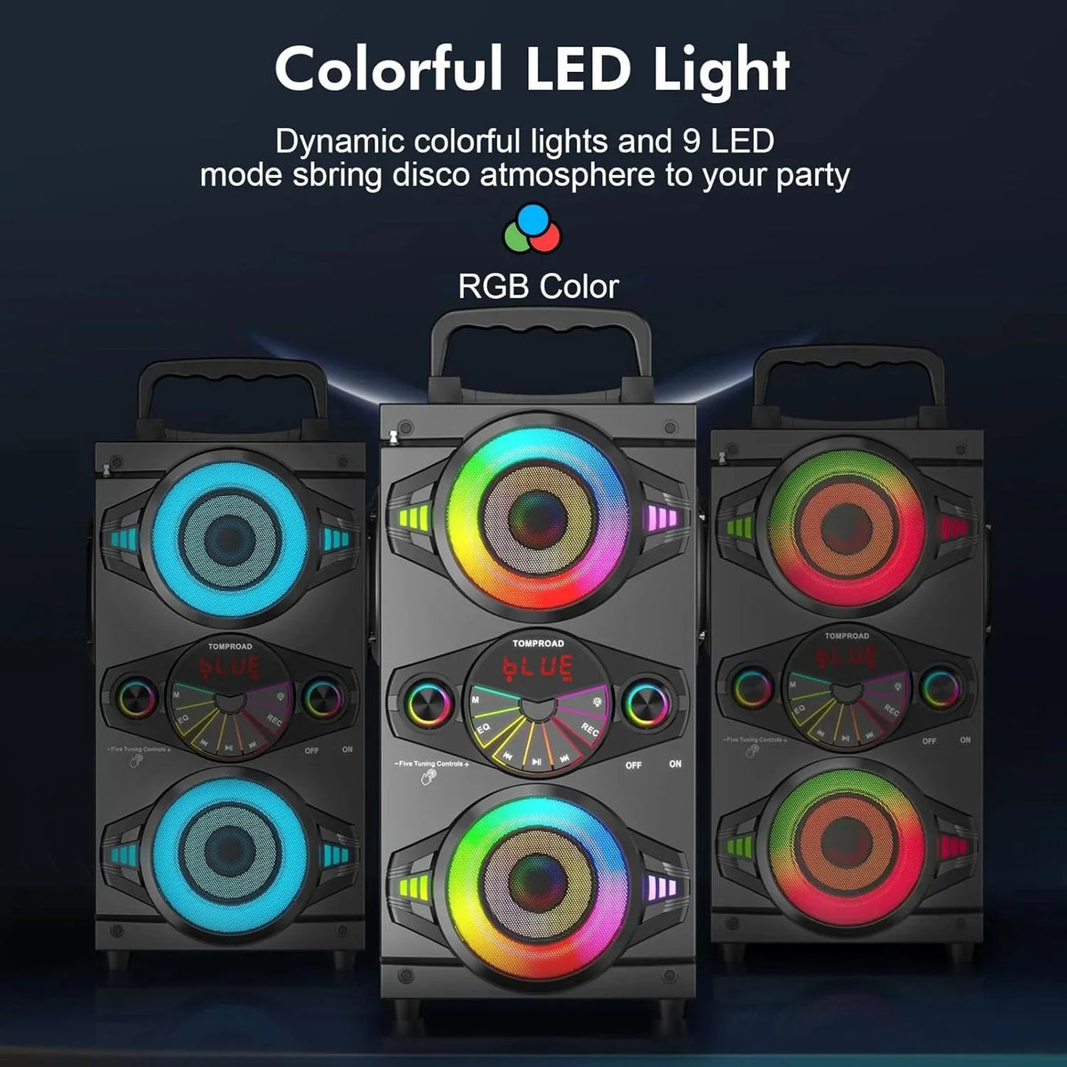 Speakers, 60W Portable Wireless Loud Outdoor Home Party Bluetooth Speaker with Subwoofer, FM Radio, LED Colorful Lights, Microphone, Remote and Big Powerful Stereo Deep Bass Sound Boombox - image 3