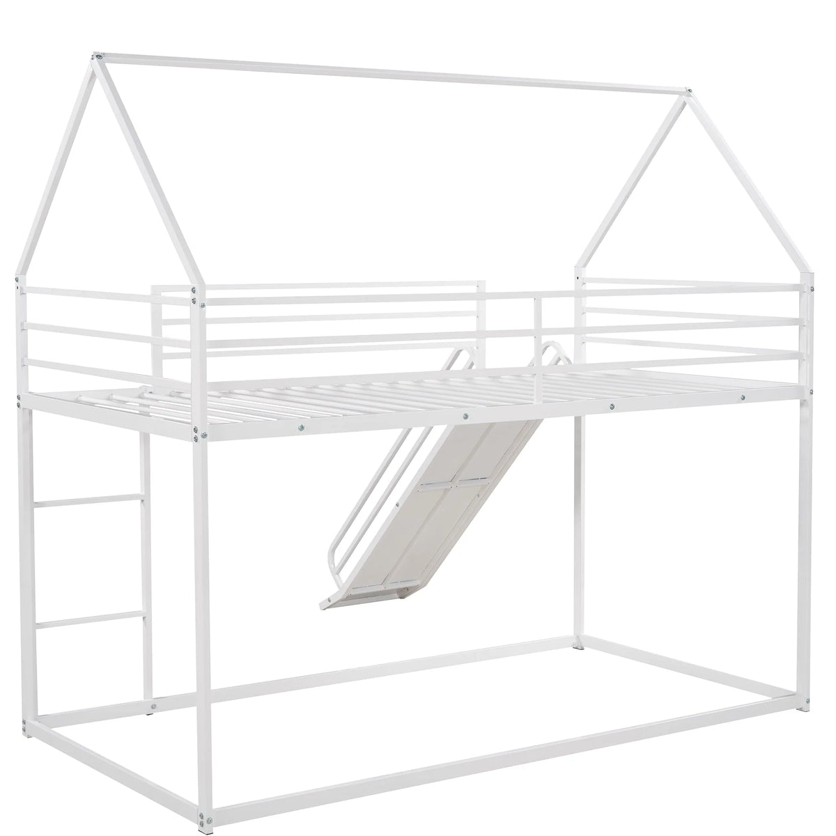 Jump Into Fun Bunk Bed Twin Over Twin, Metal Bunk Bed with Slide, House Low Bunk Bed with Ladder and Safety Guardrails, Noise Free Floor Twin Bunk Beds for Kids, Adults, Bedroom, White - image 6