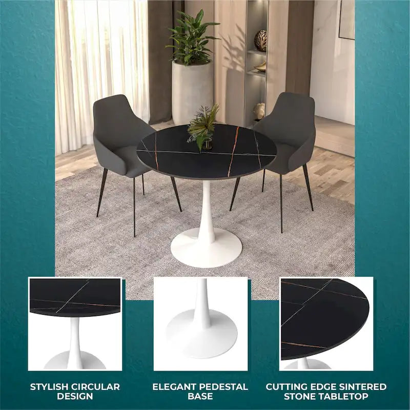 Bristol 35-Inch Round Dining Table for 4 with Sintered Stone Top and White Stainless Steel Pedestal Base - image 6
