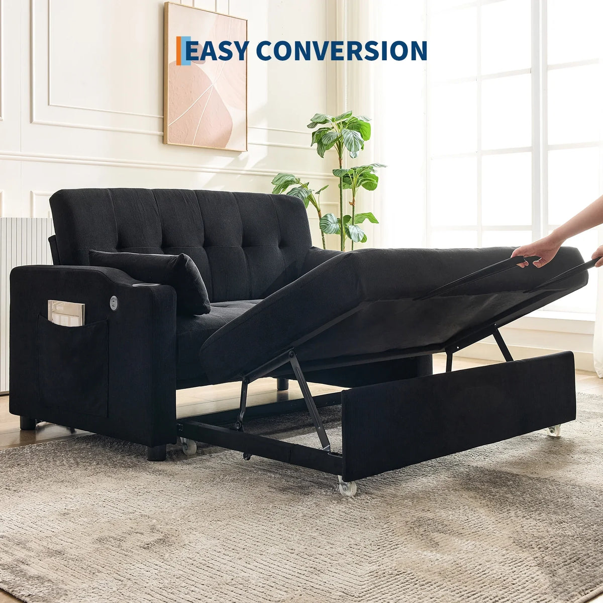 3 in 1 Convertible Sleeper Sofa Bed, Corduroy Futon Couches with Pull-Out Bed, Adjustable Backrest, Charging Port & Side Pockets, Modern Upholstered Sofa for Living Room, Guest Room - image 8