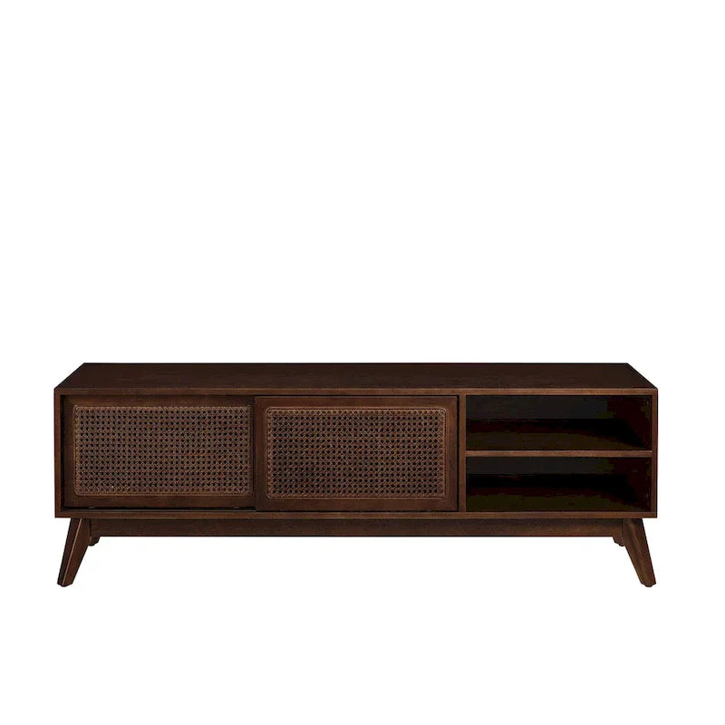 Mid Century TV Stand with Rattan Sliding Doors and Open Shelves - image 10
