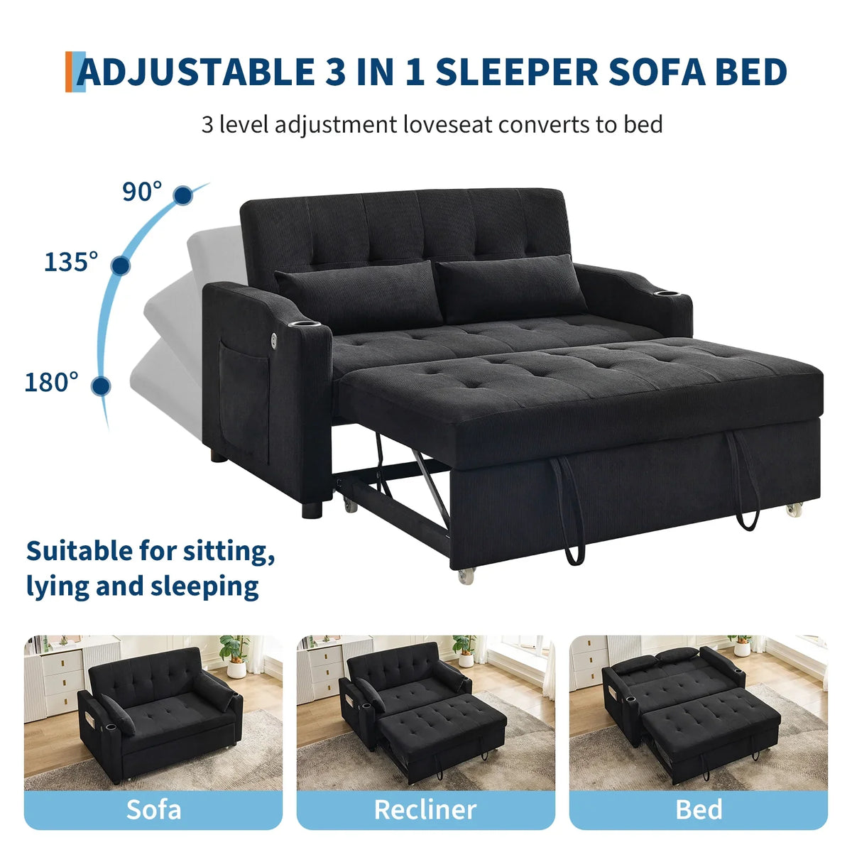 3 in 1 Convertible Sleeper Sofa Bed, Corduroy Futon Couches with Pull-Out Bed, Adjustable Backrest, Charging Port & Side Pockets, Modern Upholstered Sofa for Living Room, Guest Room - image 6