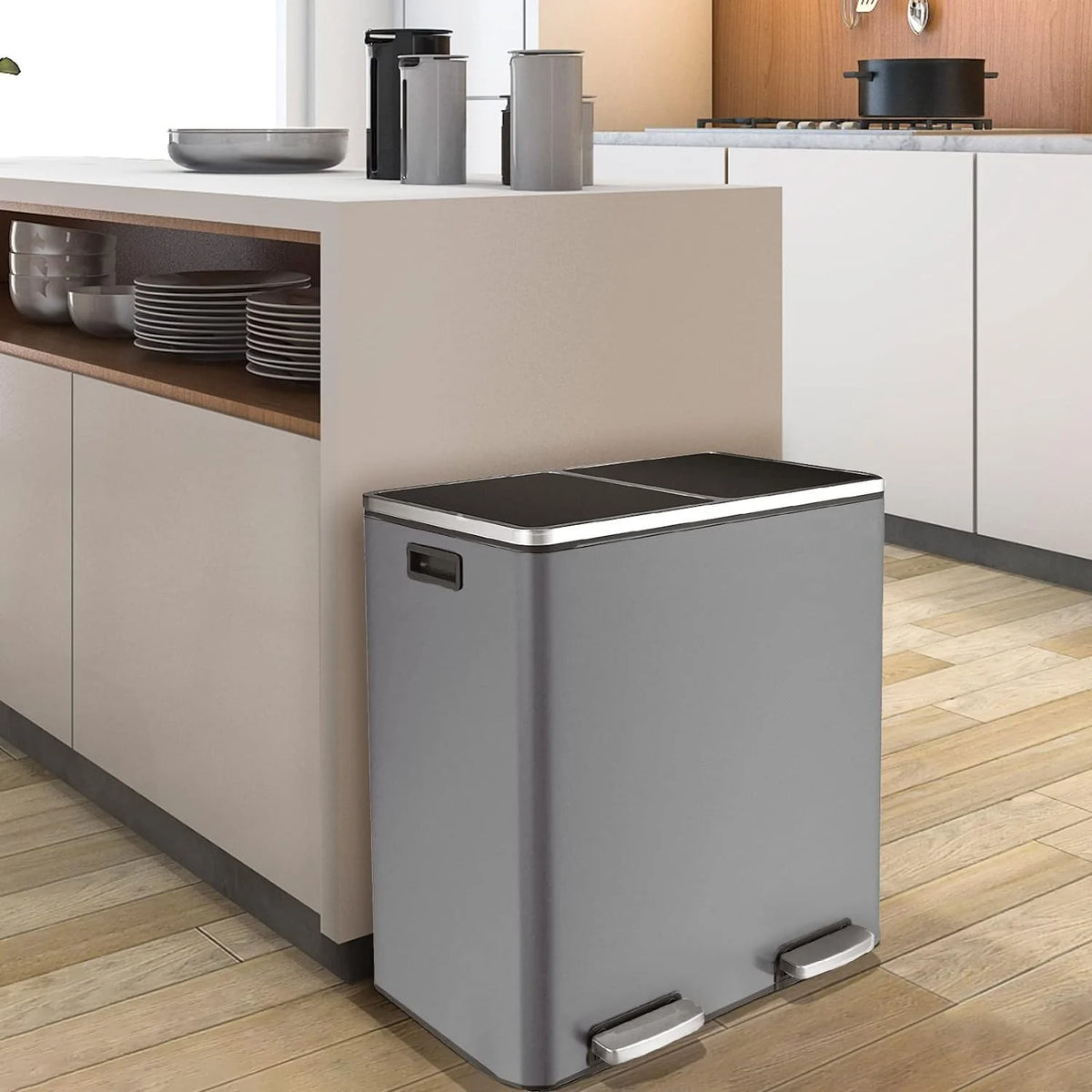 Arlopu 60 L/16 gal Dual Trash Can, Stainless Steel Garbage Can for Kitchen, Recycle Bin with Lid - image 30