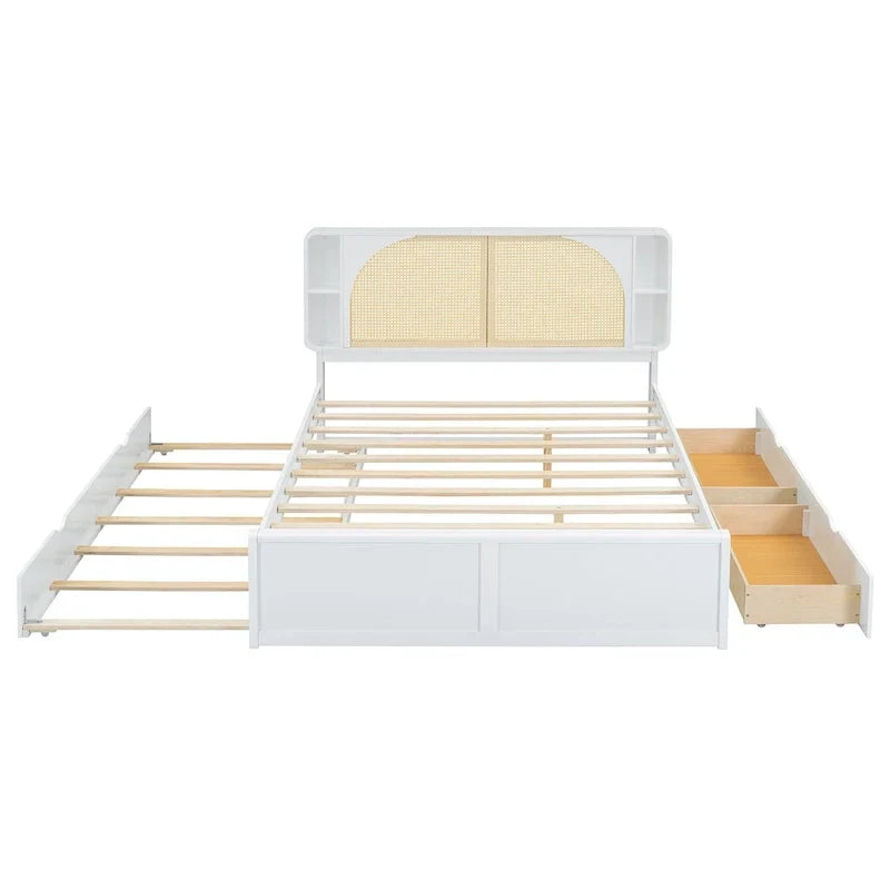 White Queen Size Rattan Bed with Trundle and Dual Storage Drawers - image 5