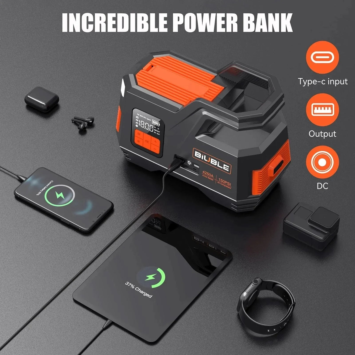Car Jump Starter with Air Compressor, 4500A Peak 26800mAh 12V Auto with 150PSI Tire Inflatorup to All Gas or 10.0L Diesel Engine - image 6