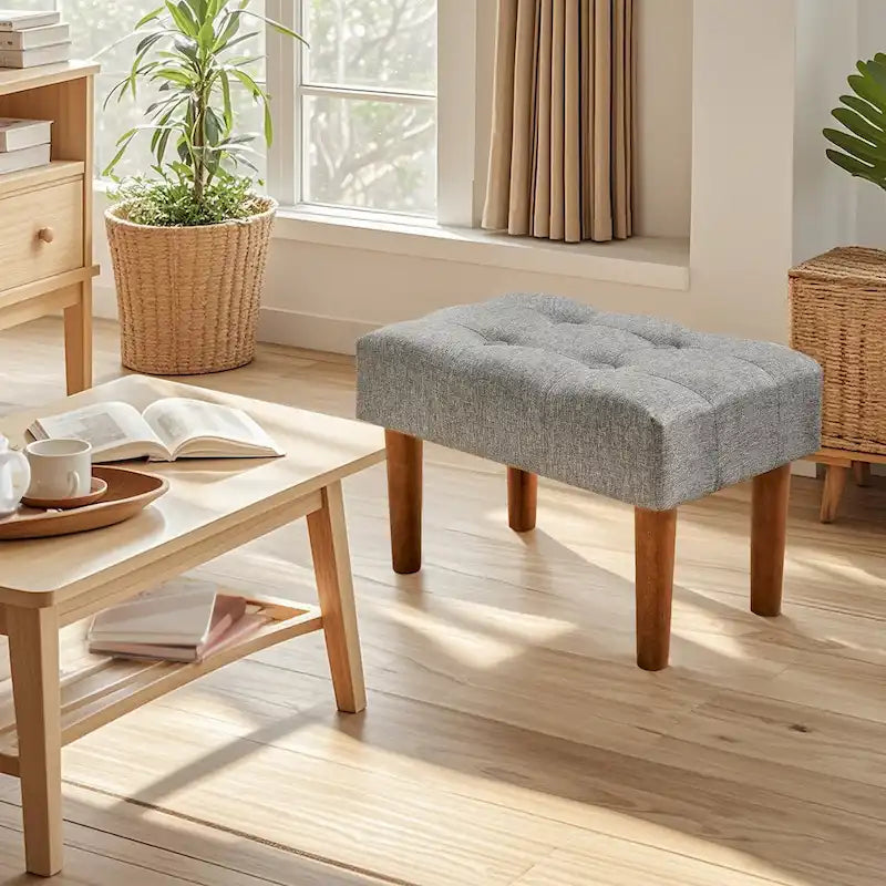 Set of 2 Small Linen Foot Stools with Legs - Rectangle Upholstered Ottoman Footrests - image 18