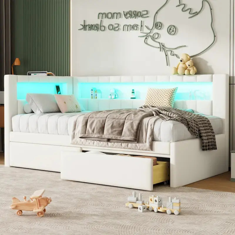 Upholstered Platform Bed with USB Ports & LED Lighting - Full/Twin Size Bed Frame with 2 Storage Drawers - Modern Bedroom - image 4