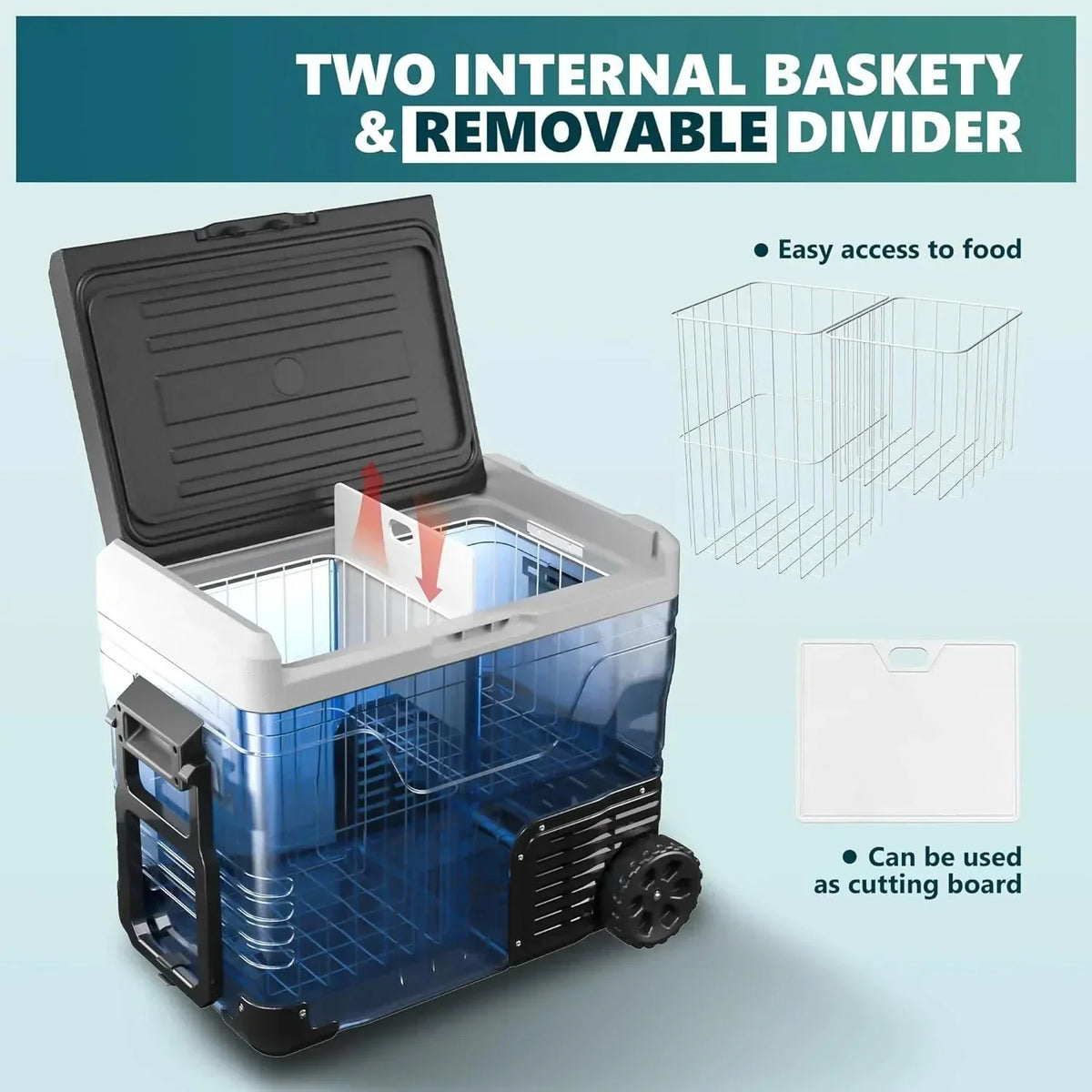53QT Portable 12V Refrigerator Freezer, Dual Zone Electric Cooler with Wheels, 12V/24V DC & 110-240V AC for Travel, Truck, Boat, Camping - image 12
