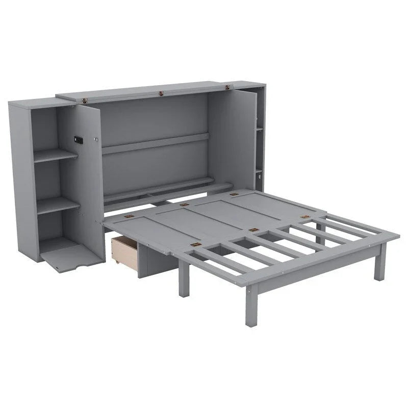Spacious Wooden Murphy Bed with Shelving, Storage Drawers, and USB Charging Ports - image 1