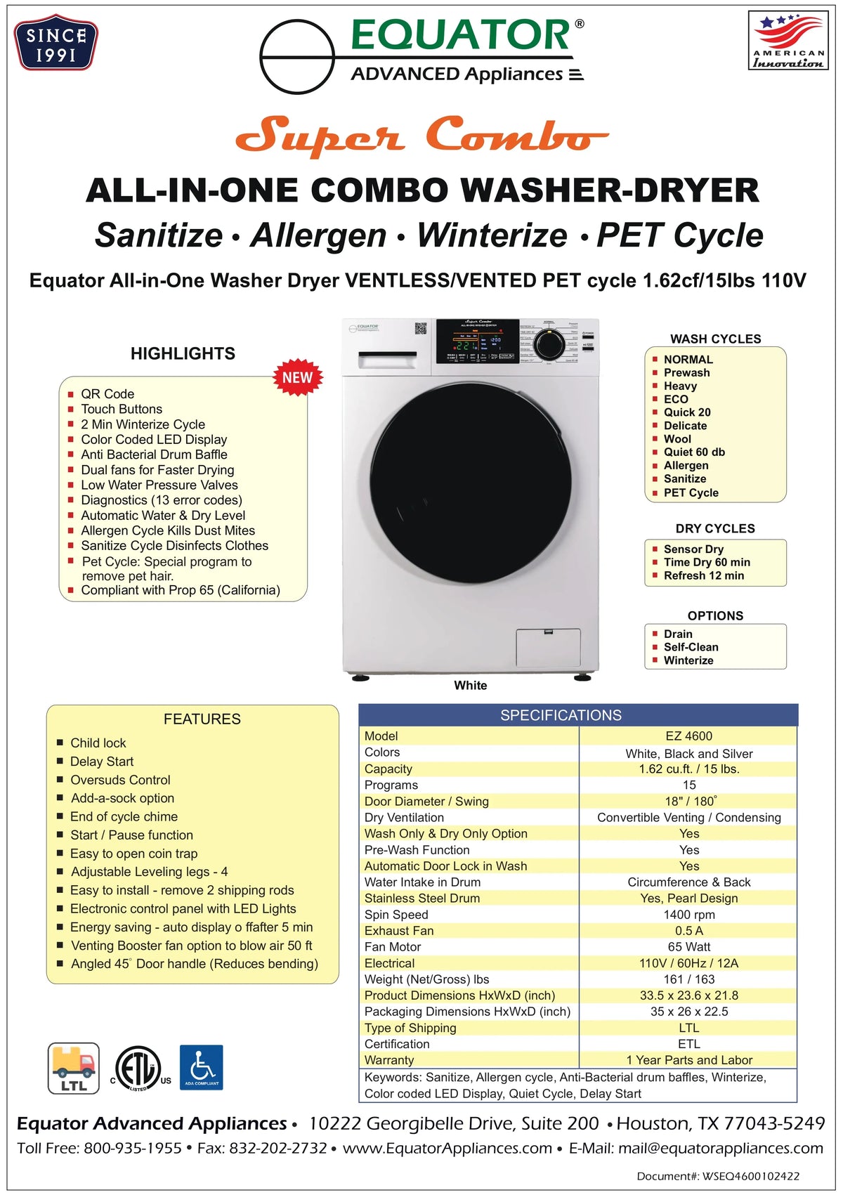 Equator Combination Washer Dryer Ventless/Vented Pet cycle 1.62cf/15lbs 110V with Adjustable legs - image 11