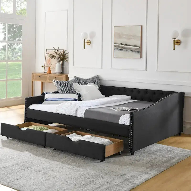 Upholstered Tufted Queen Size Daybed Sofa Bed with Storage Drawers - image 19
