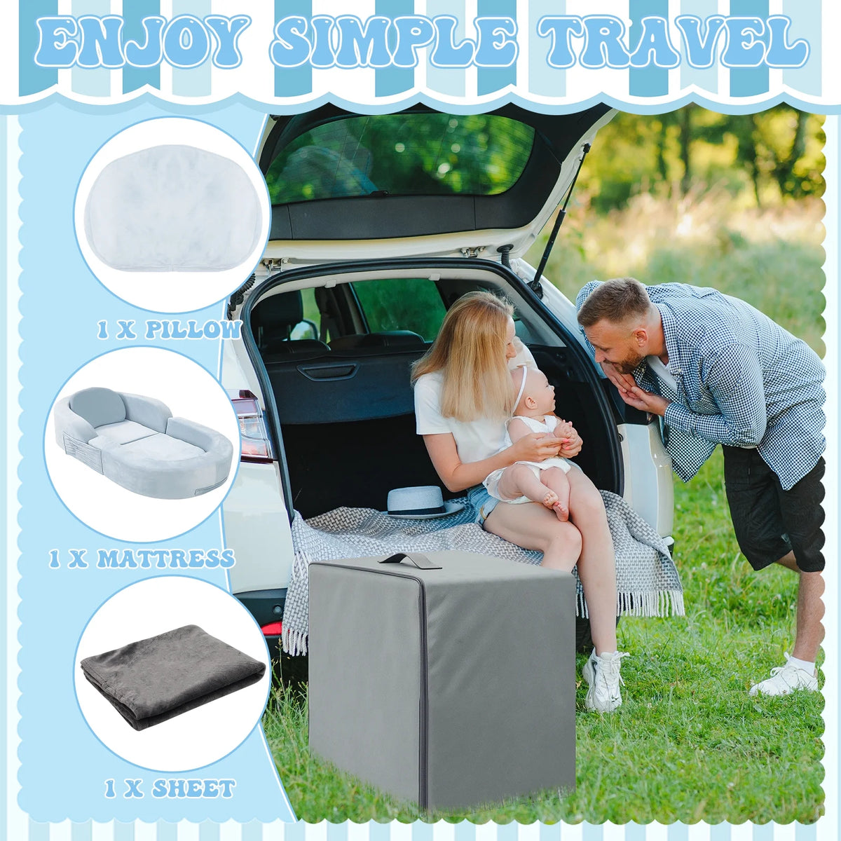 Coumy Toddler Travel Bed 2-in-1 Kids Sofa Chair with Removable Cover, Soft Foam Portable Foldable Toddler Bed for Travel with Carrying Bag, Blue - image 2