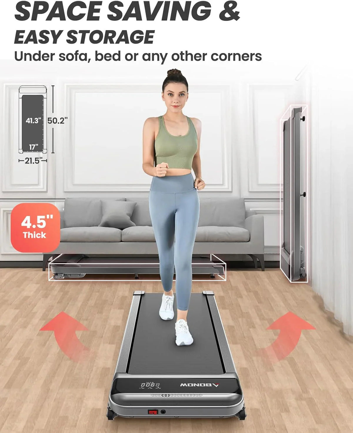 Walking Pad, Under Desk Treadmill with Incline for Home Office 2.5HP Portable Walking Treadmill with 280 Lbs Weight Capacity Walking Machine, Remote Control, LED Display - image 7