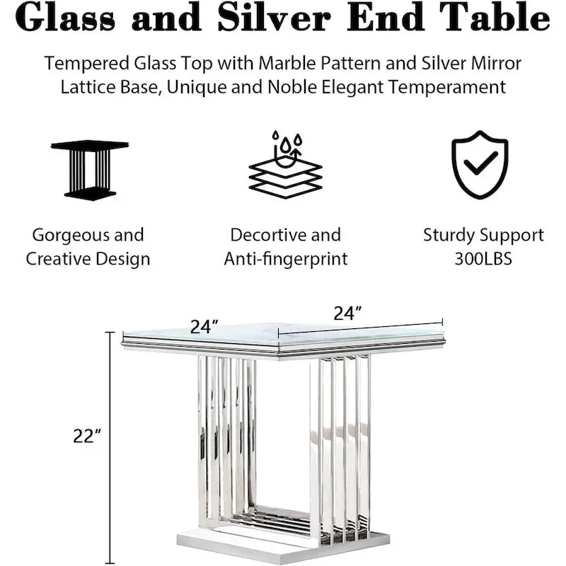 Elegant 24-Inch Square Silver and Glass End Table with Stainless Steel Base - image 7
