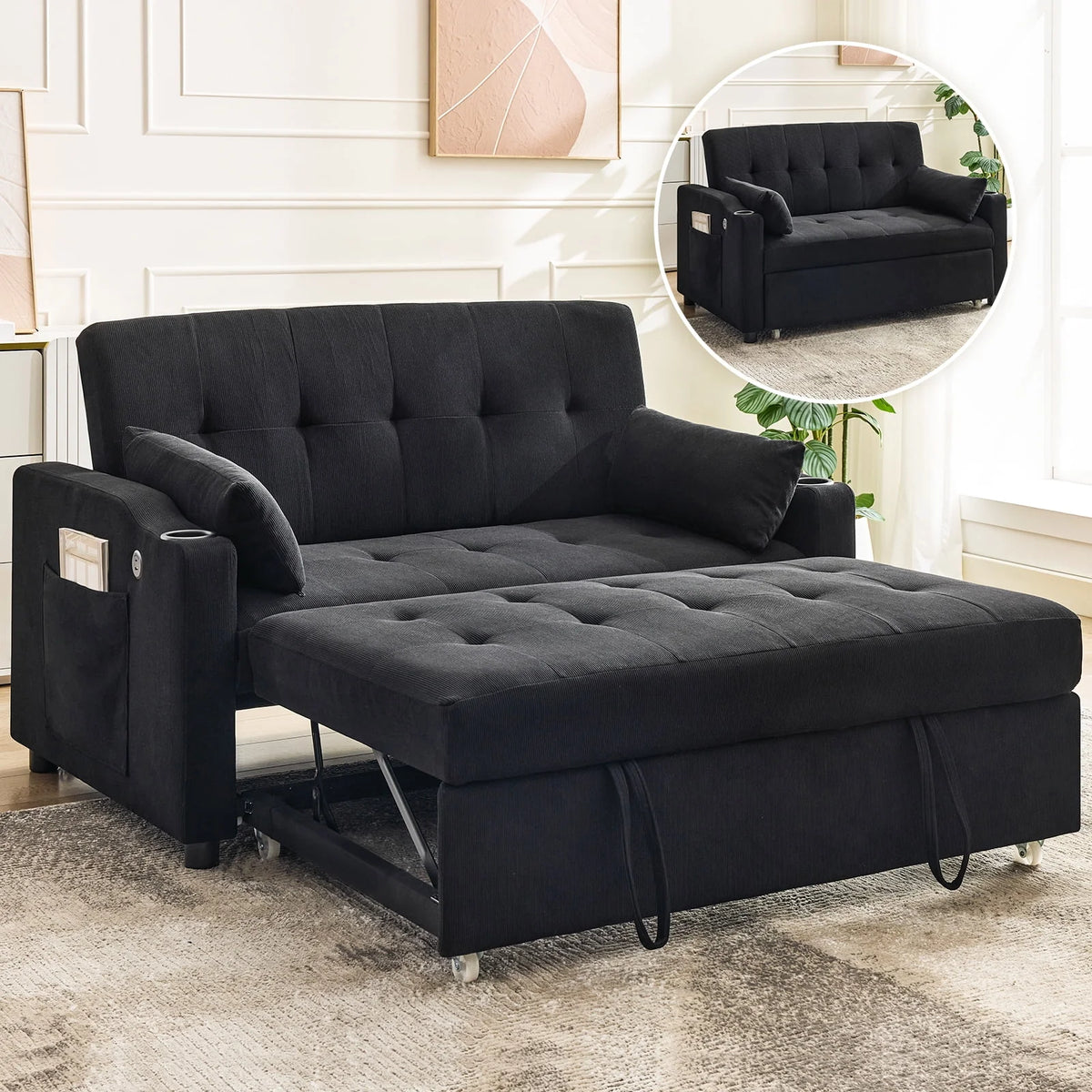 3 in 1 Convertible Sleeper Sofa Bed, Corduroy Futon Couches with Pull-Out Bed, Adjustable Backrest, Charging Port & Side Pockets, Modern Upholstered Sofa for Living Room, Guest Room - image 7