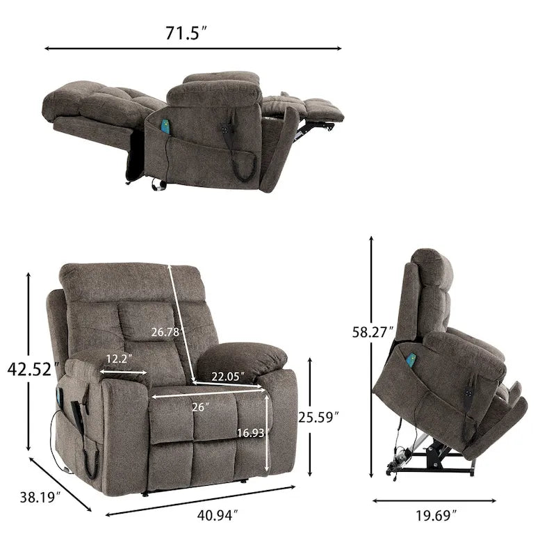 Gray Chenille Power Lift Recliner with Massage and Concealed Cup Holder - image 13
