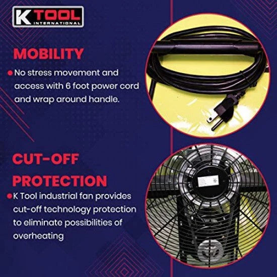 K Tool International 42′′ Belt Drive Drum Fan; Industrial, Garage, Shop, High Speed 2-Speed, Durable, Cut-Off Protection, Easy Mobility Rubber Wheels; SAFETY YELLOW KTI77743 - image 4