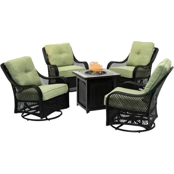2025 5-piece steel patio fire pit seating set with navy blue cushions, swivel gliders and square fire pit table - image 3