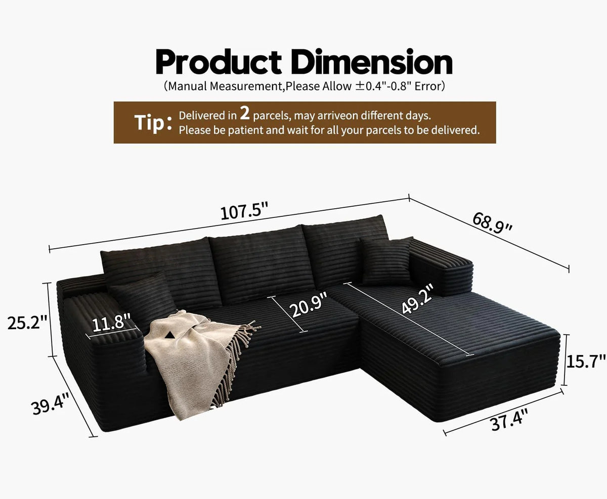 107.5" Cloud Modular Sectional Sofa Couch with L-Shape Chaise,Modern Minimalist Upholstered Couches for Living Room Bedroom,Deep Seat Corner Couch .No Assembly Required (Black,Left Facing Chaise) - image 57