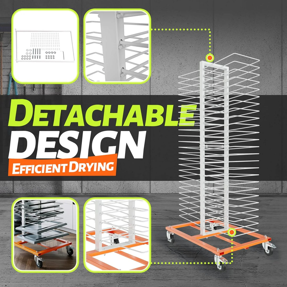 50-Shelf Paint Drying Rack with Wheels, 25lbs/Shelf, Orange/White - image 6