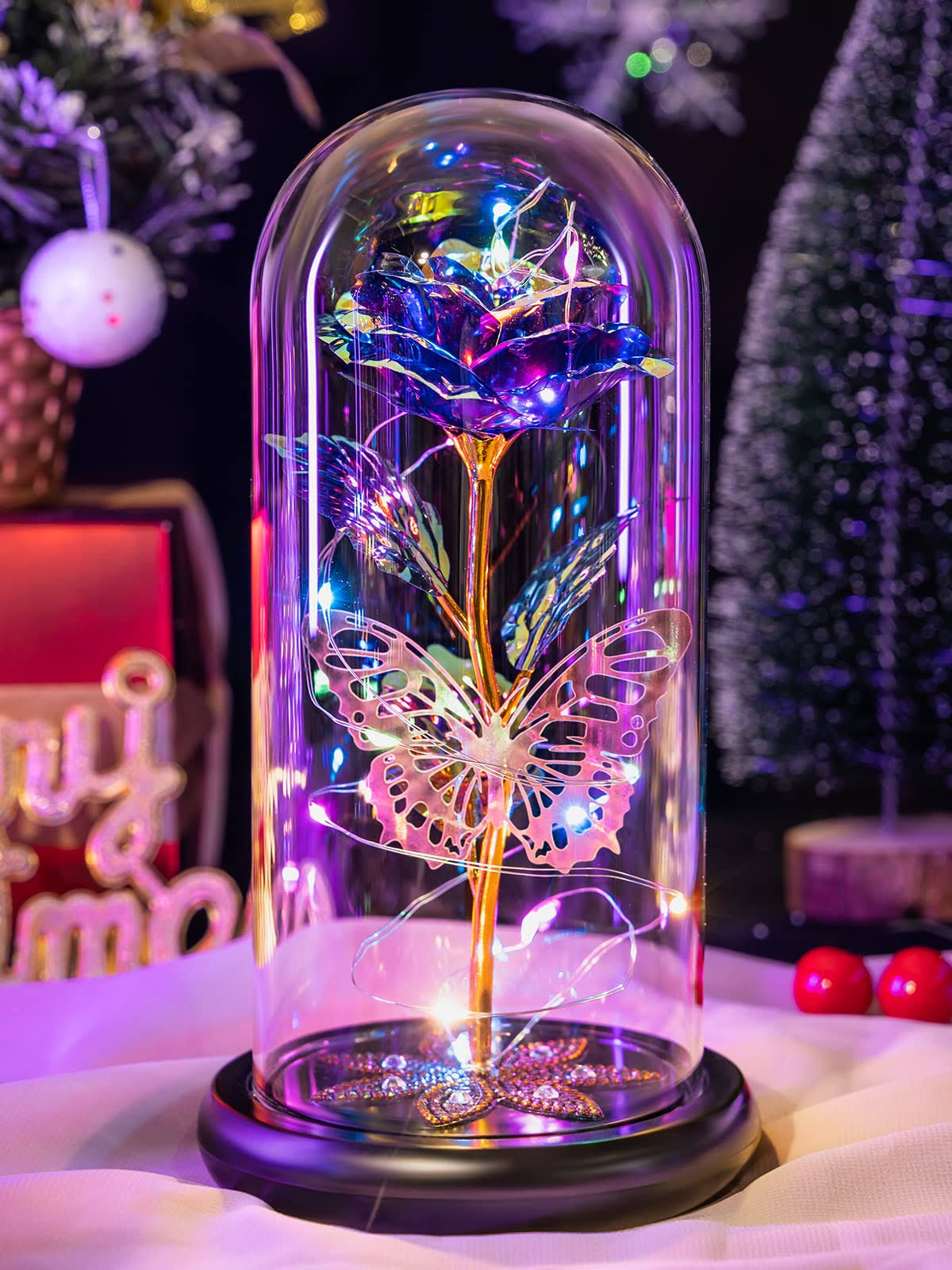 Gifts for Women, Galaxy Glass Rose Flower Forever Eternal Crystal Light Up Rose in Glass Dome with Butterfly Birthday Gifts for Mom Wife Grandma - image 1