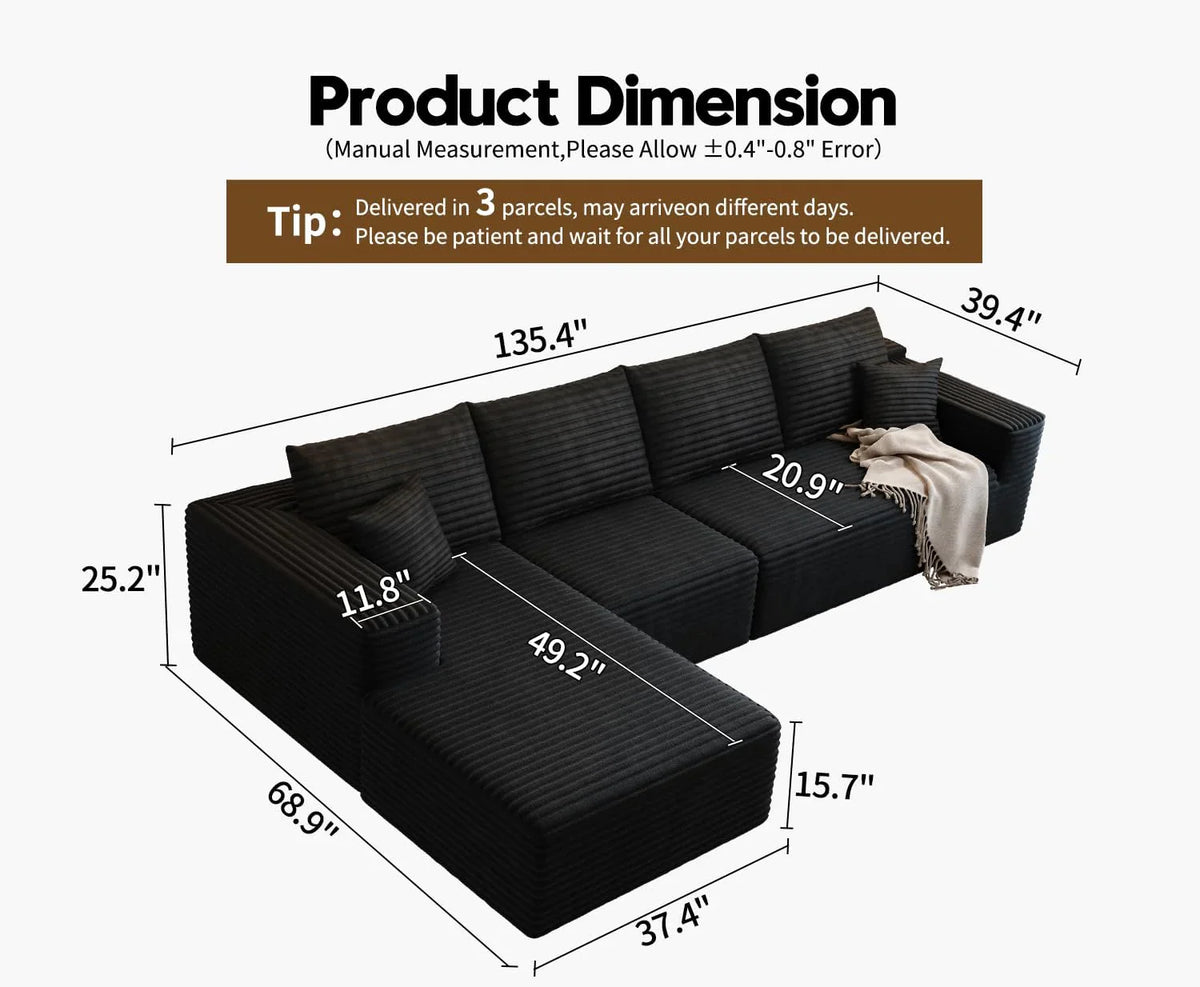 107.5" Cloud Modular Sectional Sofa Couch with L-Shape Chaise,Modern Minimalist Upholstered Couches for Living Room Bedroom,Deep Seat Corner Couch .No Assembly Required (Black,Left Facing Chaise) - image 18