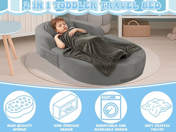 Coumy Toddler Travel Bed 2-in-1 Kids Sofa Chair with Removable Cover, Soft Foam Portable Foldable Toddler Bed for Travel with Carrying Bag, Blue - image 15