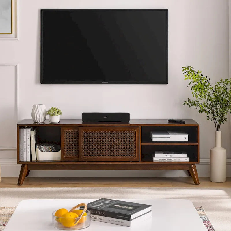 Mid Century TV Stand with Rattan Sliding Doors and Open Shelves - image 3
