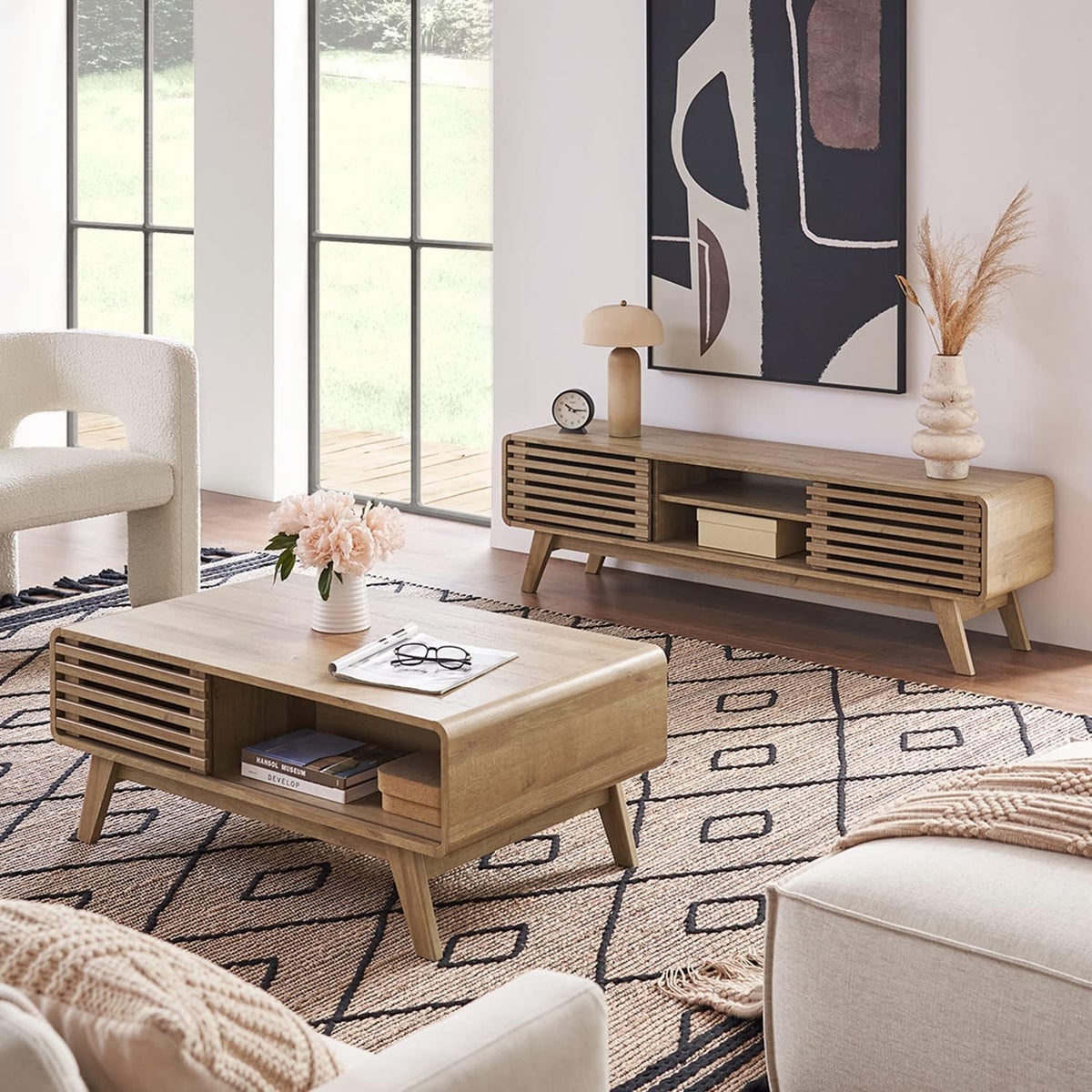 Mopio Ensley Mid Century Modern Rectangle Coffee Table with Dual Storage Shelf, Wood Slat Sliding Door, & Rounded Edge Protection for Living Room, Walnut Grain - image 20