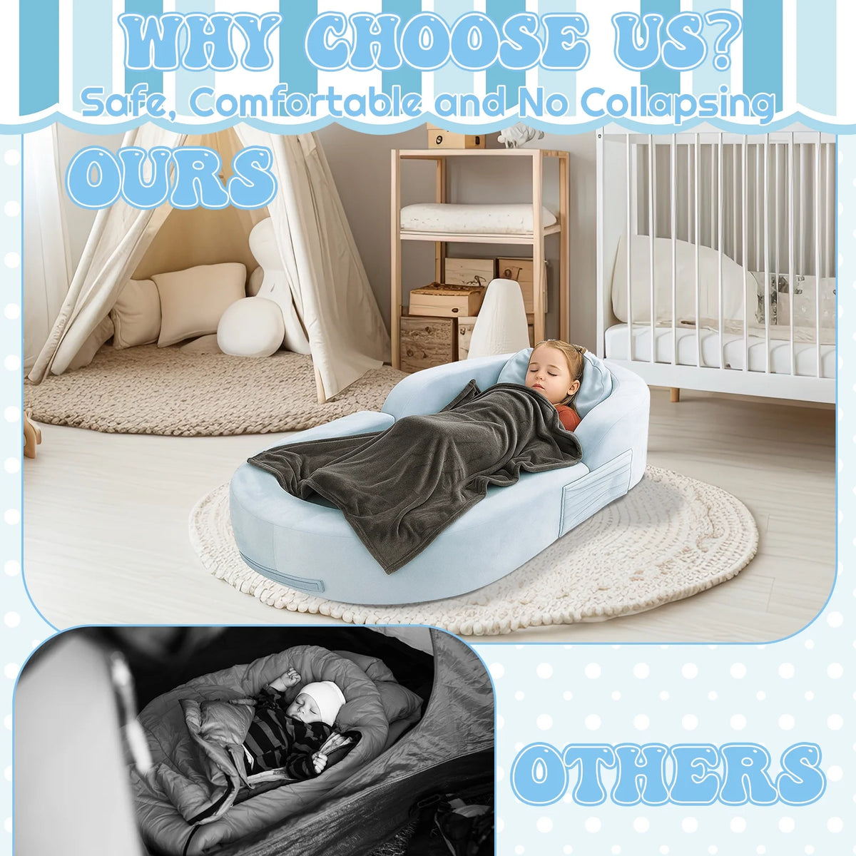 Coumy Toddler Travel Bed 2-in-1 Kids Sofa Chair with Removable Cover, Soft Foam Portable Foldable Toddler Bed for Travel with Carrying Bag, Blue - image 6