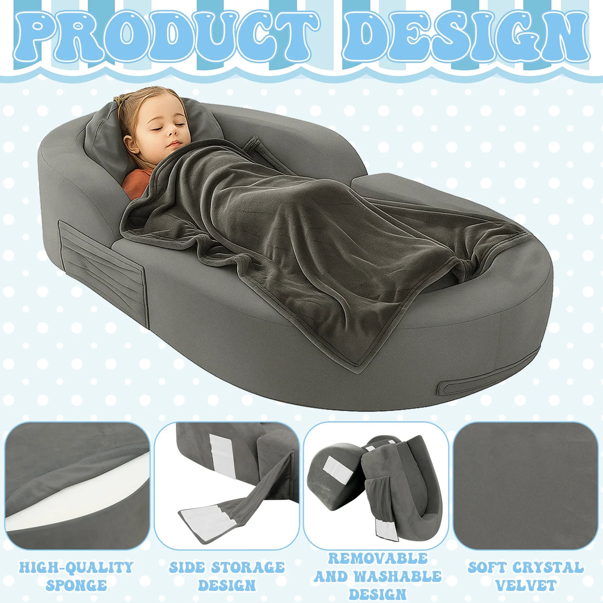 Coumy Toddler Travel Bed 2-in-1 Kids Sofa Chair with Removable Cover, Soft Foam Portable Foldable Toddler Bed for Travel with Carrying Bag, Blue - image 10