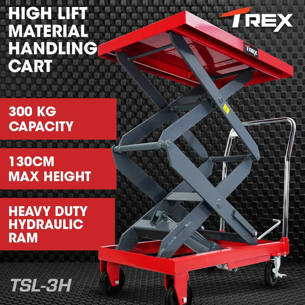T-REX 300KG Hydraulic High Lift Double Scissor Trolley, 1.3M Max Platform Hgt, Heavy-Duty, for Material Handling - image 2