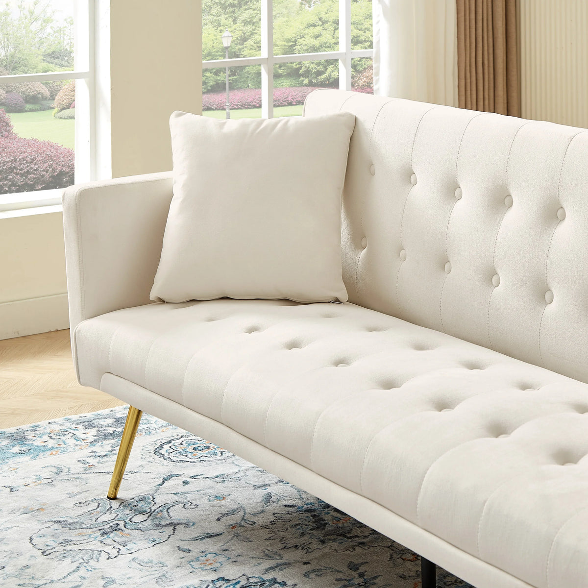 Leumius Velvet Futon Sofa Bed Mid-Century Modern Adjustable Backrest with Pillows, Gray/Gold - image 13