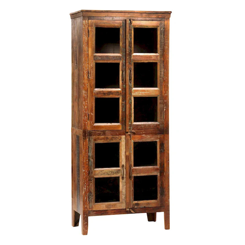84-Inch Tall Distressed Mango Wood and Glass Storage Cabinet with Reclaimed Finish - image 1