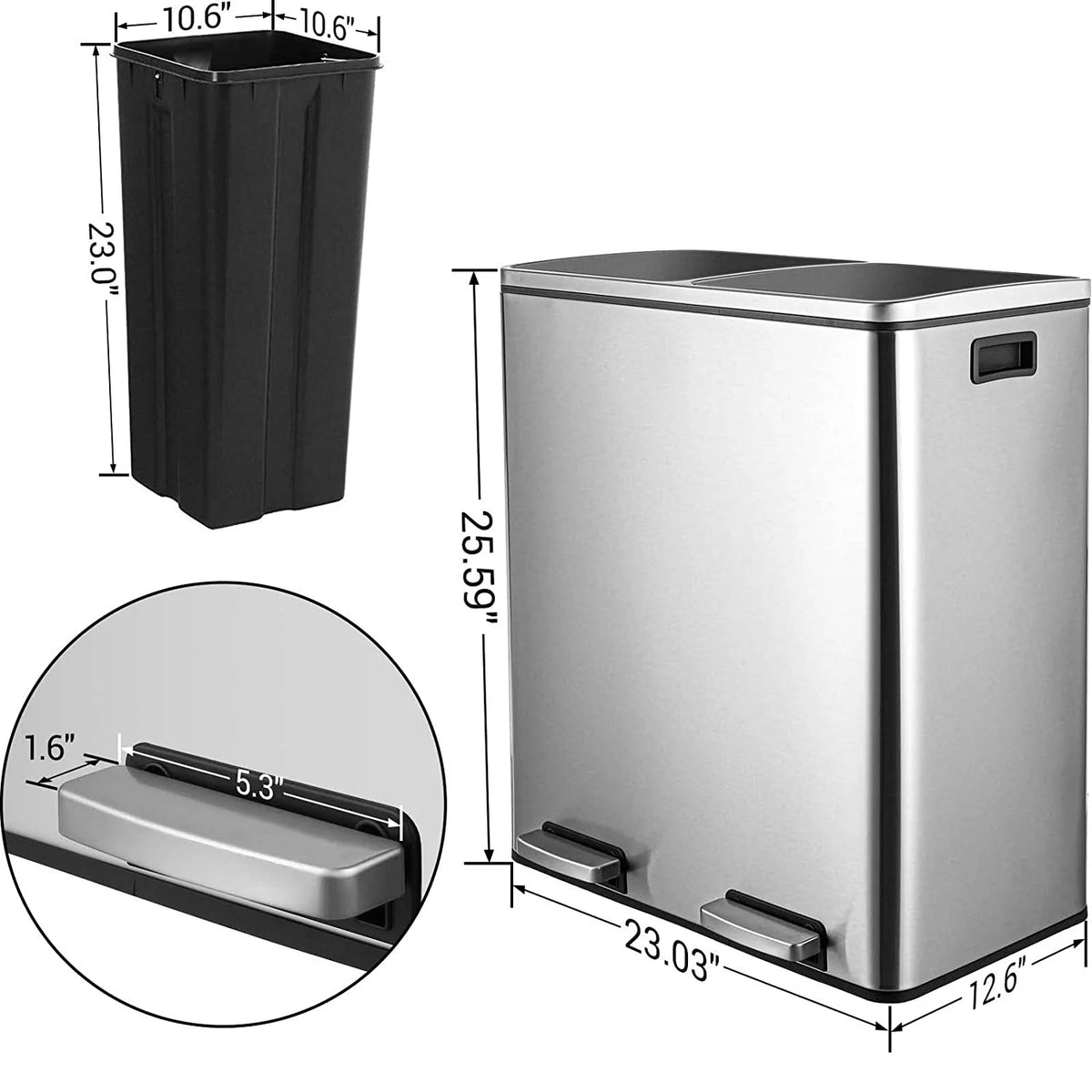 Arlopu 60 L/16 gal Dual Trash Can, Stainless Steel Garbage Can for Kitchen, Recycle Bin with Lid - image 43