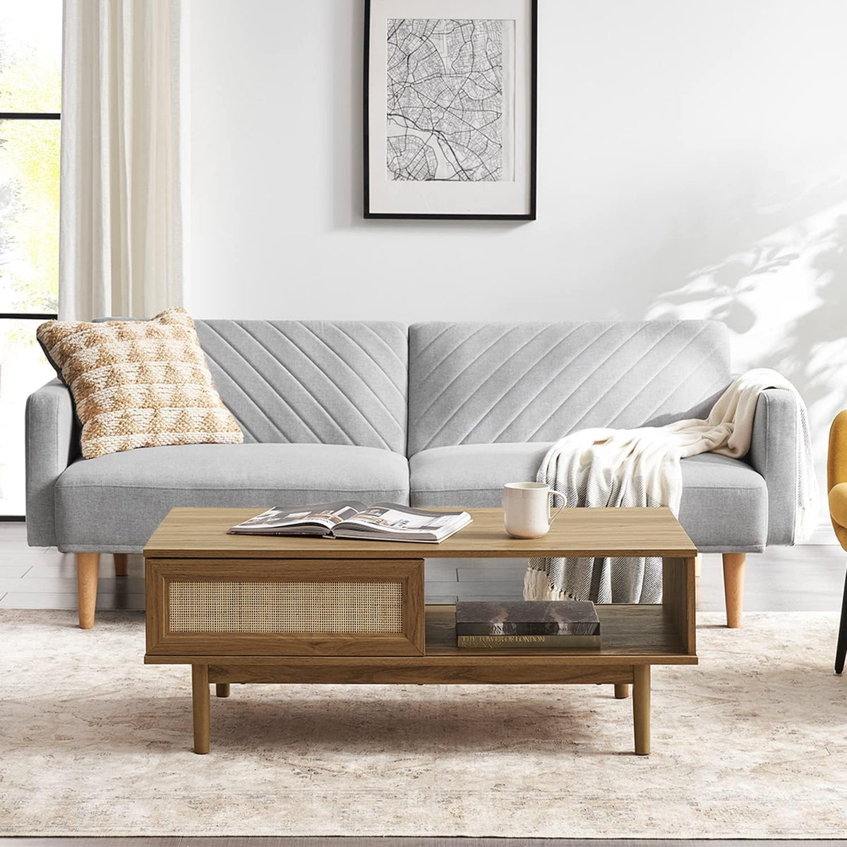 Mopio Ensley Mid Century Modern Rectangle Coffee Table with Dual Storage Shelf, Wood Slat Sliding Door, & Rounded Edge Protection for Living Room, Walnut Grain - image 29