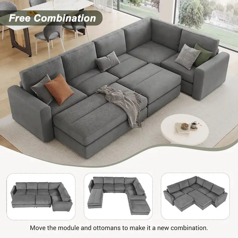 Corduroy Modular Sectional Sofa Bed with Recliner and 2 Movable Ottomans – Perfect for Living Rooms - image 7