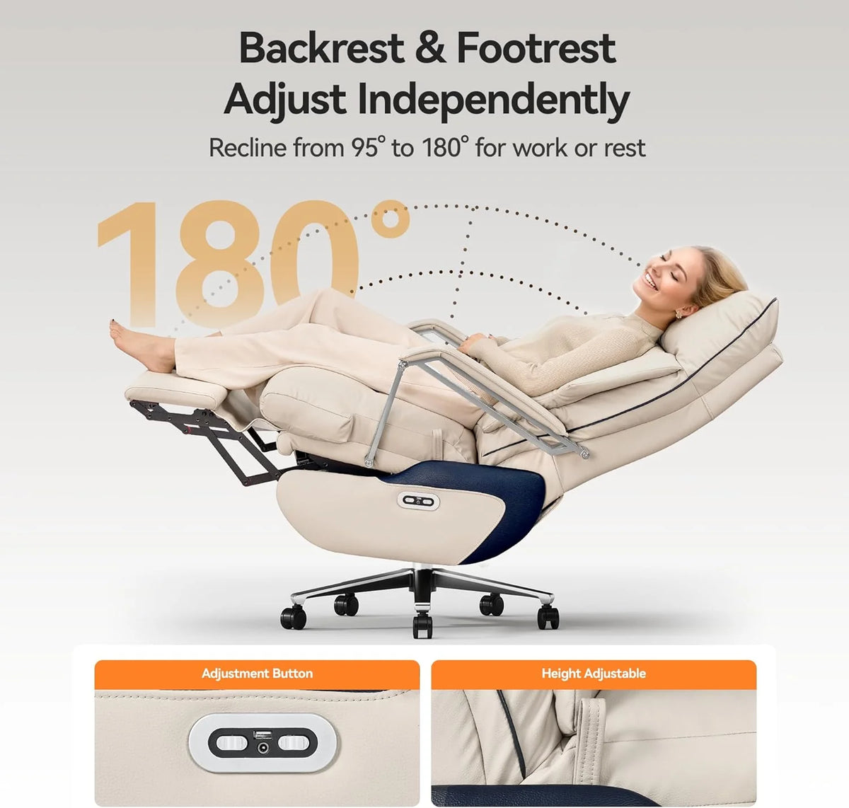 M80 Dual Motor Executive Office Chair with Footrest, Big & Tall, 420lbs, Beige - image 4