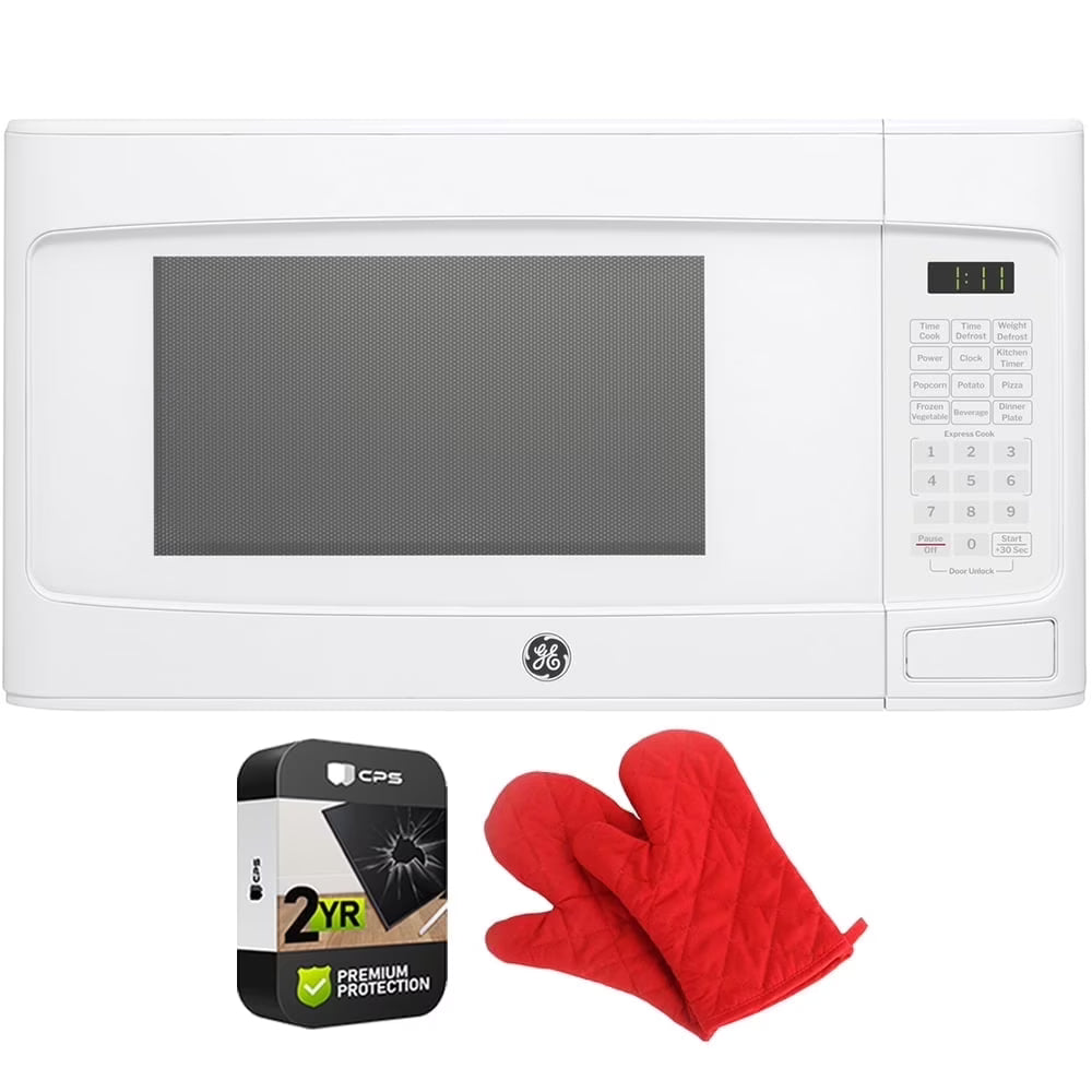 GE GCST11N1WSS 1.1 cu. ft. Countertop Microwave Oven 950 Watts Stainless Steel Bundle with 2 YR CPS Enhanced Protection Pack and Deco Chef Pair of Red Heat Resistant Oven Mitt - image 5