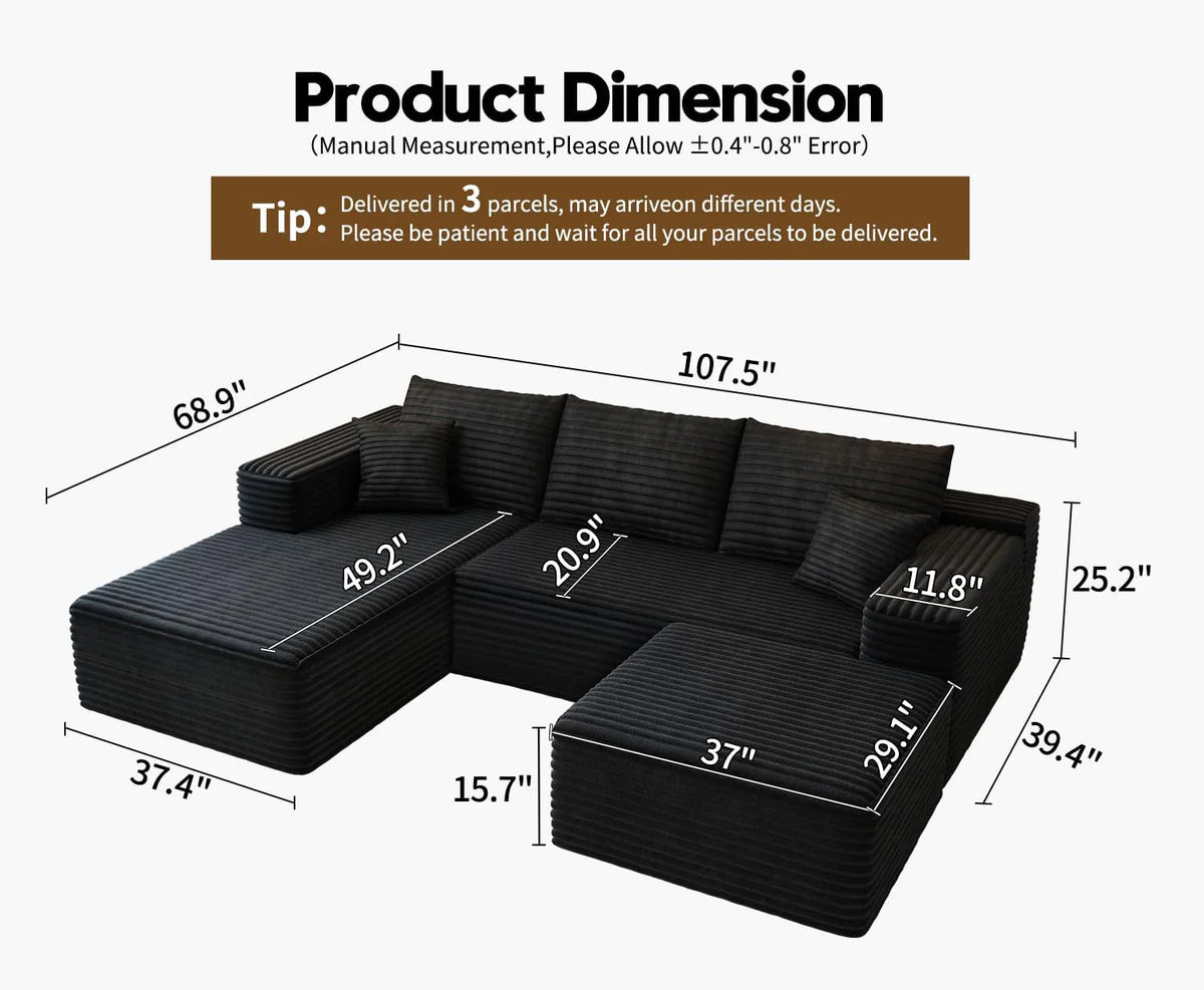107.5" Cloud Modular Sectional Sofa Couch with L-Shape Chaise,Modern Minimalist Upholstered Couches for Living Room Bedroom,Deep Seat Corner Couch .No Assembly Required (Black,Left Facing Chaise) - image 64