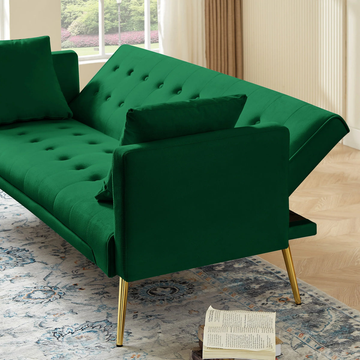 Leumius Velvet Futon Sofa Bed Mid-Century Modern Adjustable Backrest with Pillows, Gray/Gold - image 32
