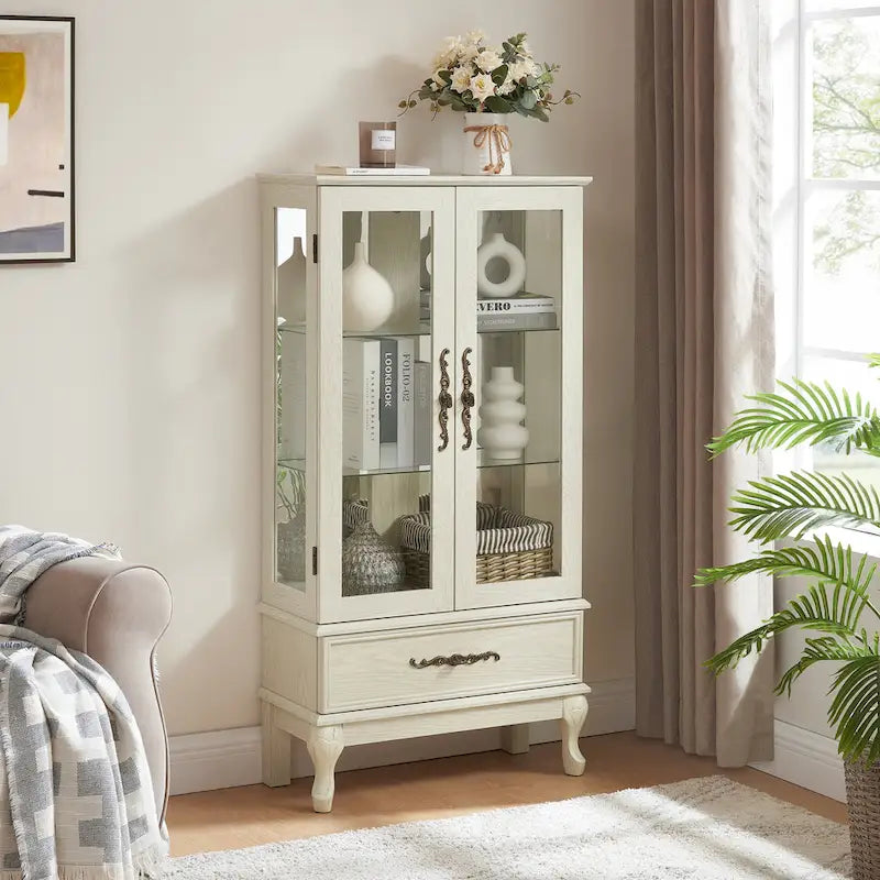 Illuminated Glass Curio Display Cabinet with Adjustable Shelves, Double Doors, and Drawer - Glass Wine Storage Solution - image 5