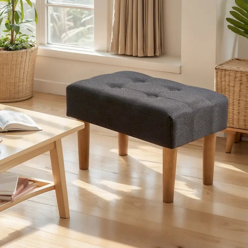 Set of 2 Small Linen Foot Stools with Legs - Rectangle Upholstered Ottoman Footrests - image 32