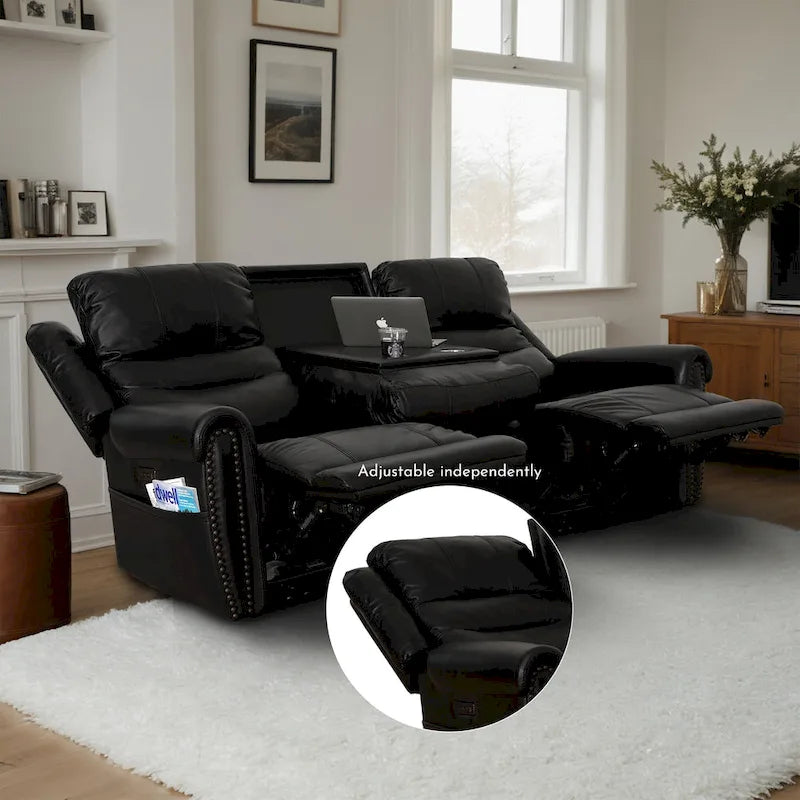 Authentic Leather Black Power Recliner Sofa Set: Loveseat and Recliner with Adjustable Headrest and Extendable Footrest - image 12
