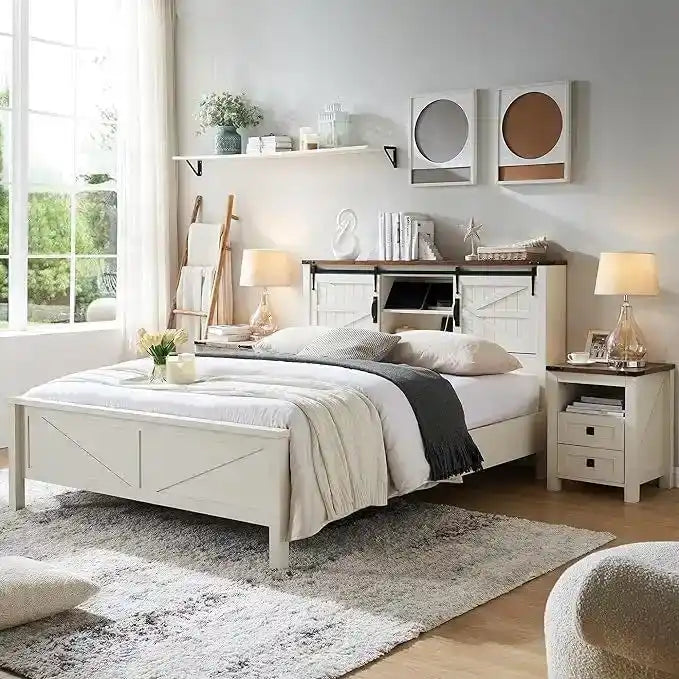 Farmhouse Full Bed Frame with Storage Shelves and Built-in Charging Station - image 12