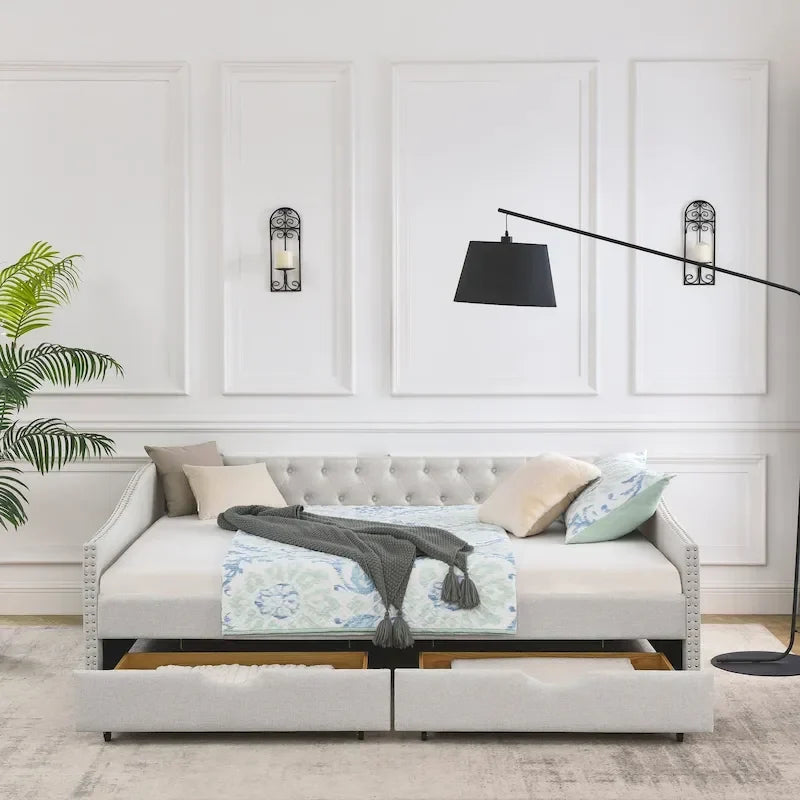 Upholstered Tufted Queen Size Daybed Sofa Bed with Storage Drawers - image 2