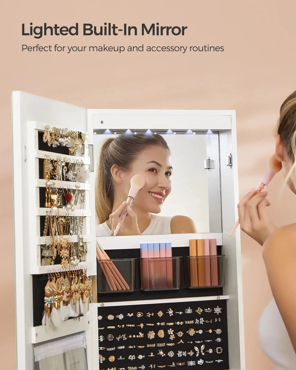 SONGMICS LED Mirror Jewelry Cabinet Standing Jewelry Armoire Organizer Box with Full-Length Mirror and Adjustable LED Lights White - image 7