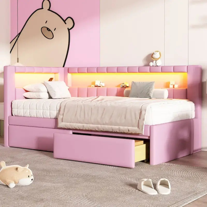 Upholstered Platform Bed with USB Ports & LED Lighting - Full/Twin Size Bed Frame with 2 Storage Drawers - Modern Bedroom - image 19